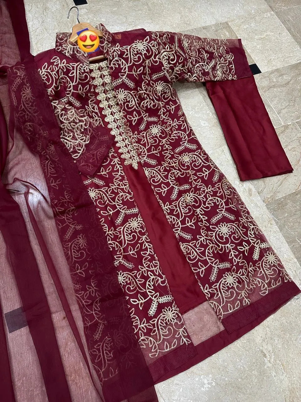 Red Embroidered 4Pc Silk Suit Set for Women
