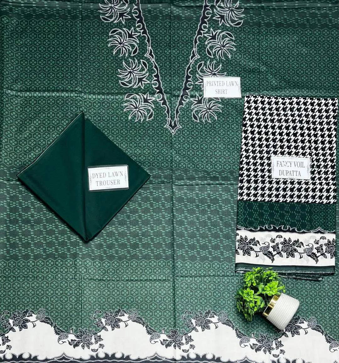 Green Printed Lawn 3Pcs Women Suit Set