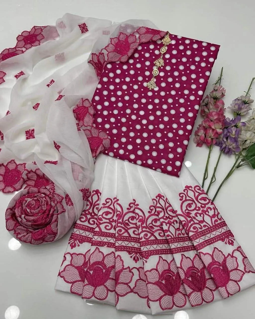Red Digital Print Lawn Shirt Set with Embroidered Cotton Trouser & Chiffon Dupatta