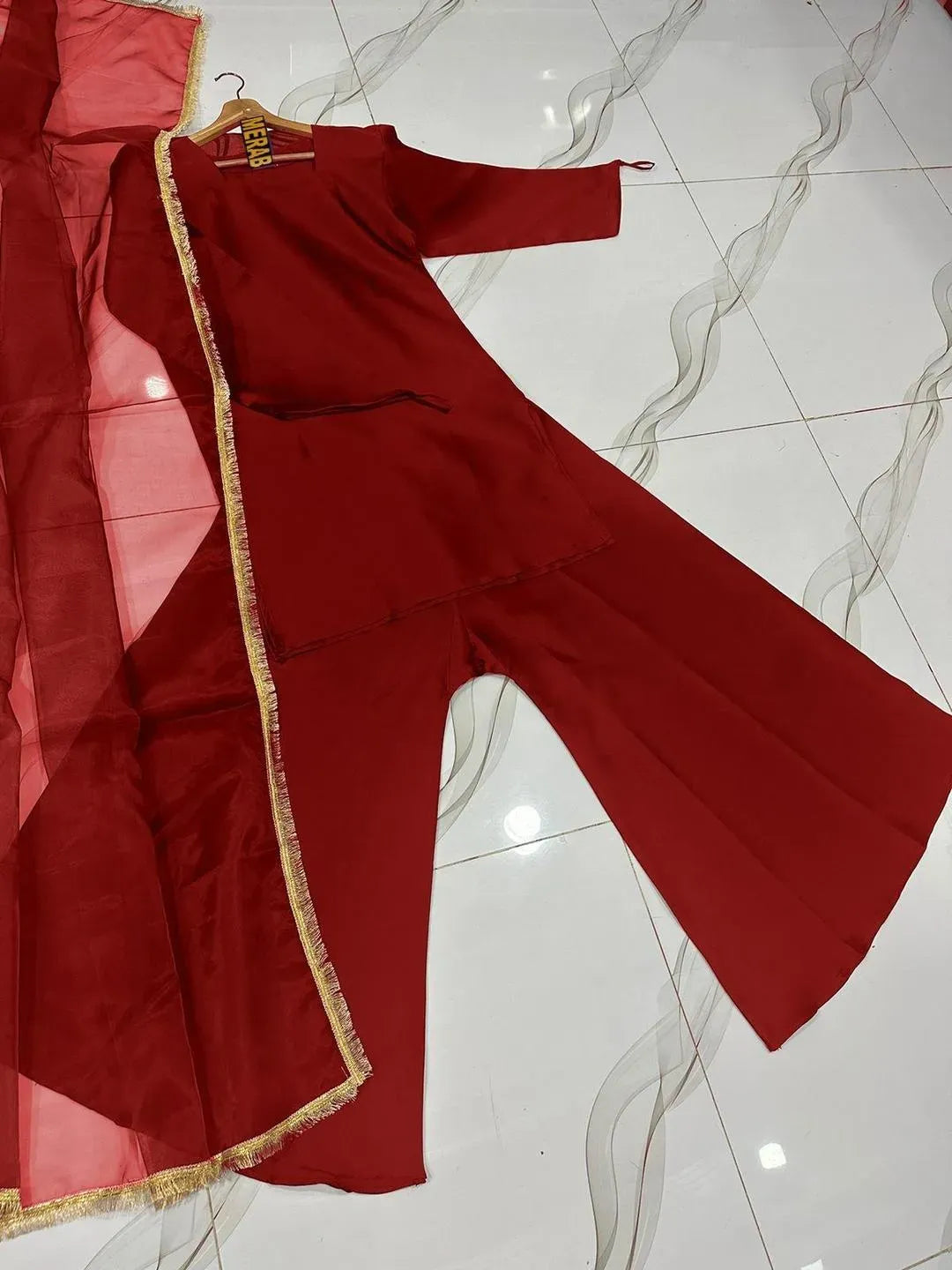 Long Flare Sharara With Lace Dupatta 3Pcs