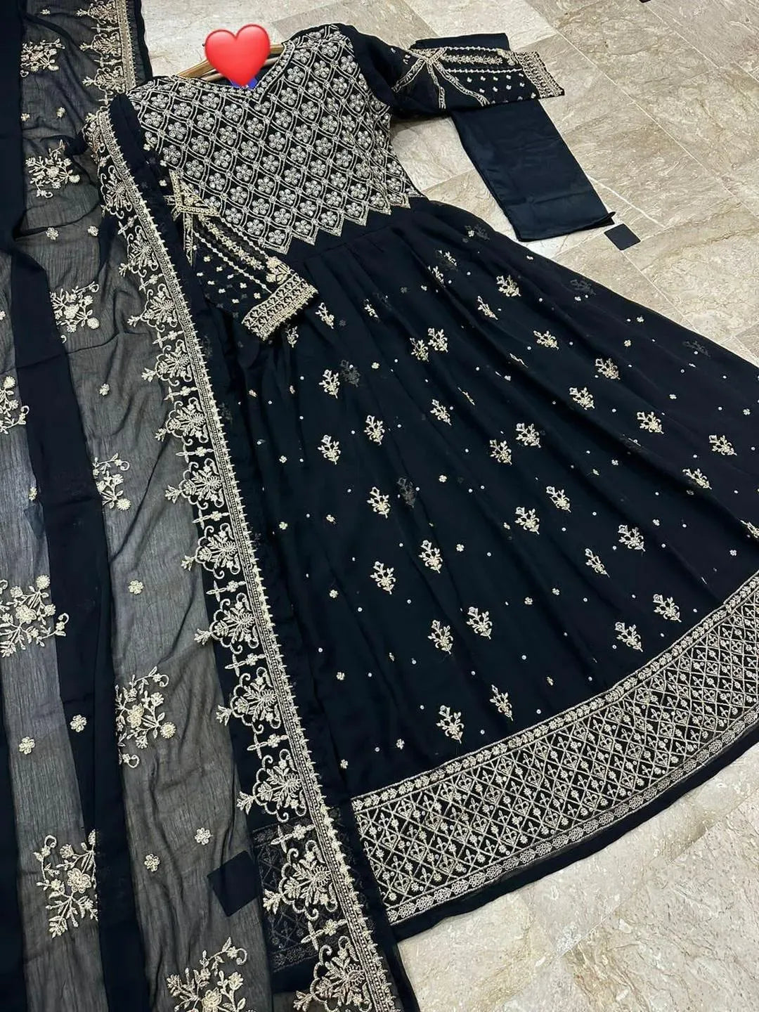 Black Gold Embroidered 3-Piece Chiffon Maxi Set for Eid
