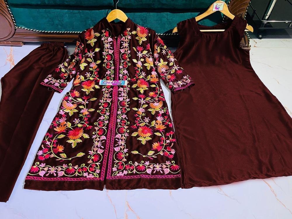 Women's Maroon Katan Silk Embroidered Gown Set Medium