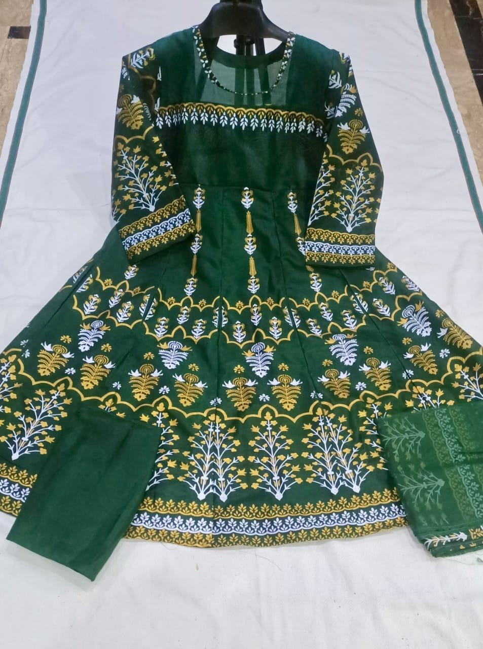Teal Katan Silk Block Printed Maxi Suit 3-Piece Set