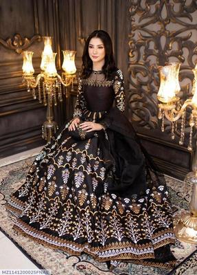 Eid Maxi Suit Black Gold Floral Katan Silk 3 Pcs