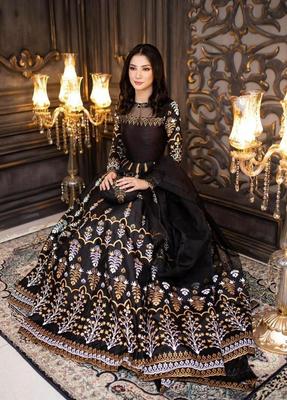 Eid Maxi Suit Black Gold Floral Katan Silk 3 Pcs