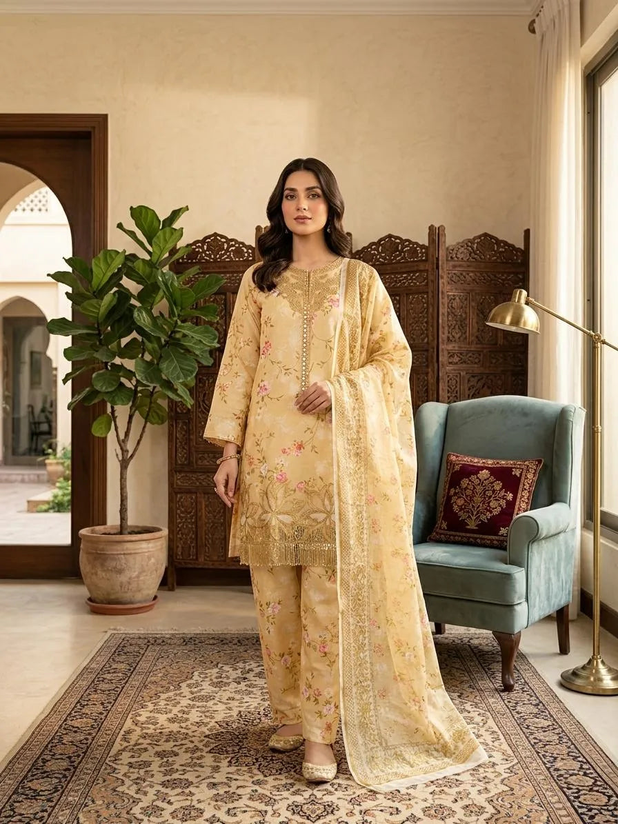 Pakistani Embroidered Khaddar Suit with Dupatta