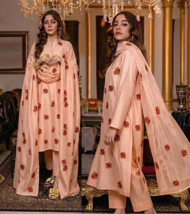 Peach Rose Embroidered 3-Piece Shamoz Silk Suit for Women