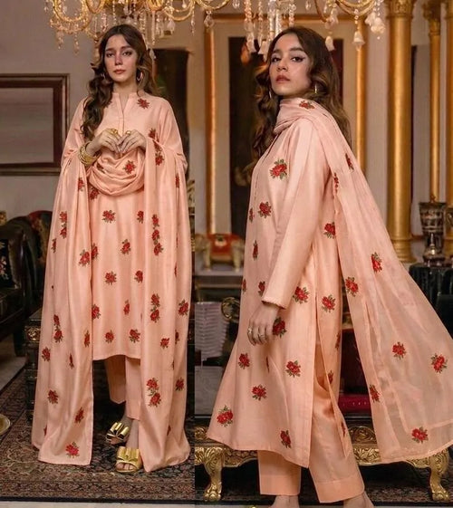 Peach Rose Embroidered 3-Piece Shamoz Silk Suit for Women
