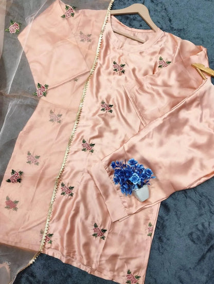 Peach Rose Embroidered 3-Piece Shamoz Silk Suit for Women