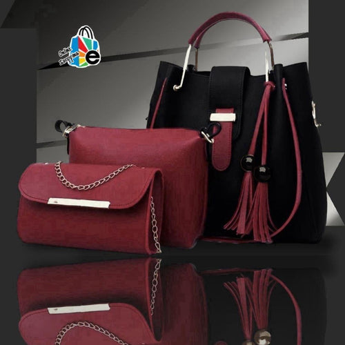 3-Piece Rexine Handbag Set Maroon Black Tassel