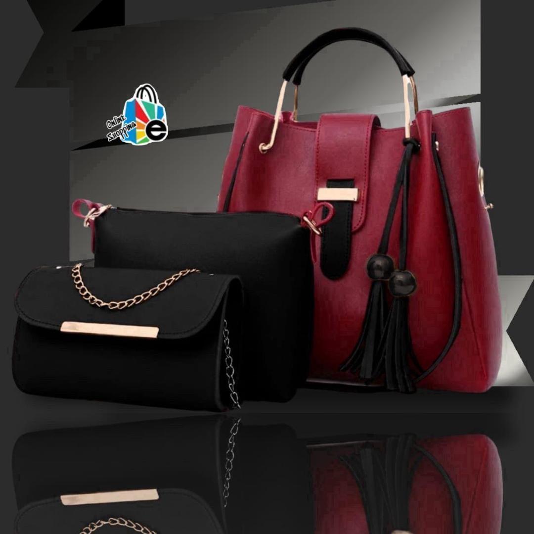 3-Piece Rexine Handbag Set Maroon Black Tassel