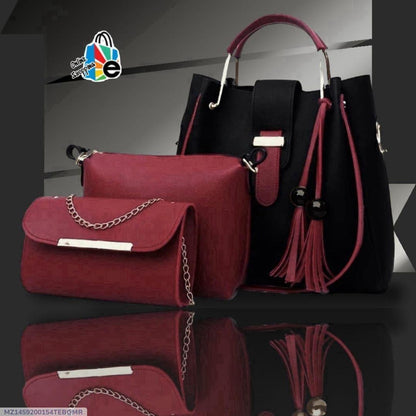 3-Piece Rexine Handbag Set Maroon Black Tassel