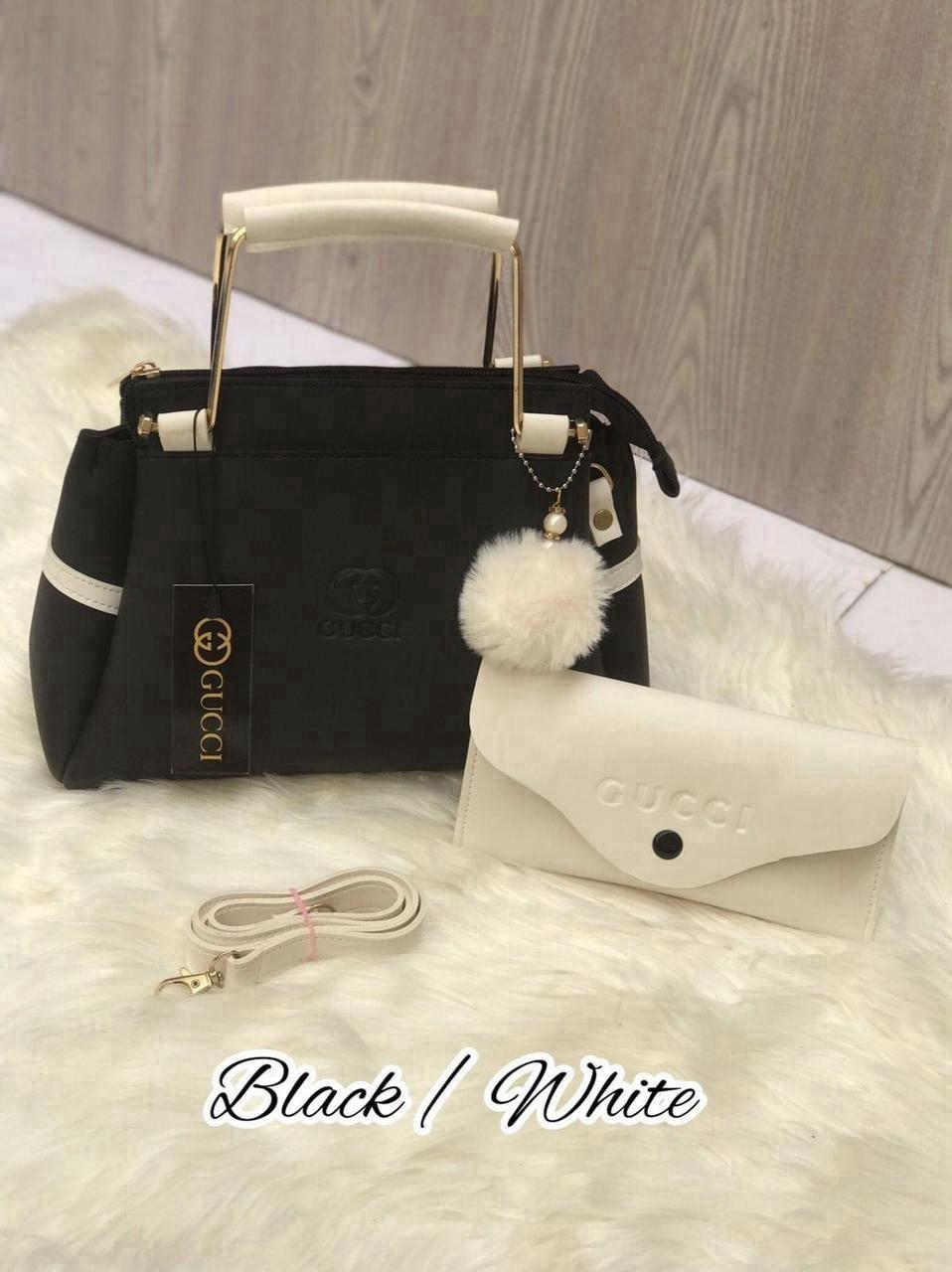 Girls Black White Rexine Handbag Set with Pouch