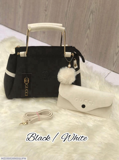 Girls Black White Rexine Handbag Set with Pouch