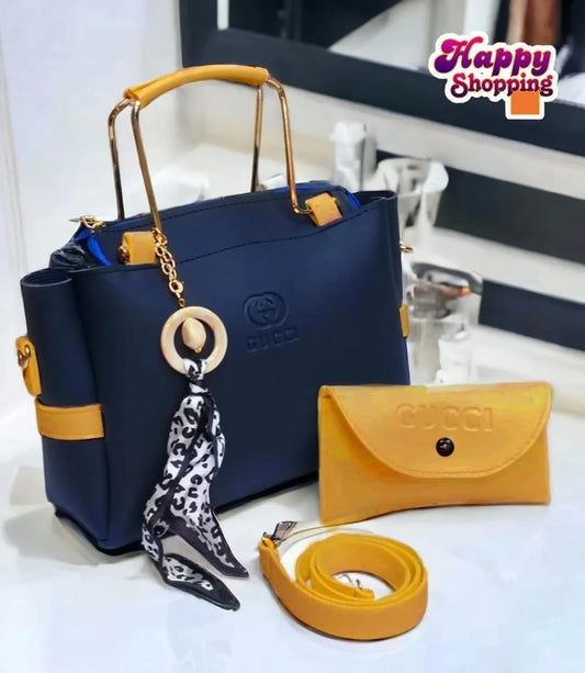Navy Blue & Mustard Yellow Gucci Style Handbag Set with Leopard Scarf