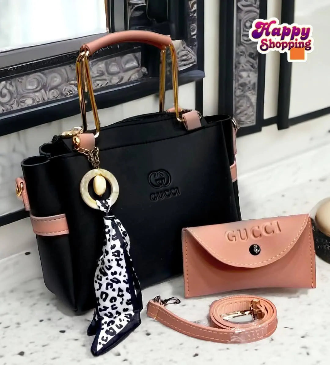Navy Blue & Mustard Yellow Gucci Style Handbag Set with Leopard Scarf