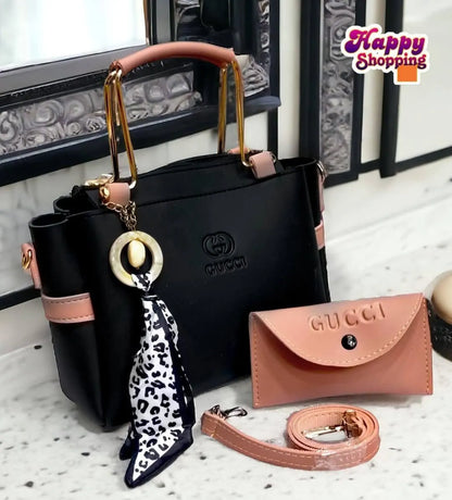 Navy Blue & Mustard Yellow Gucci Style Handbag Set with Leopard Scarf