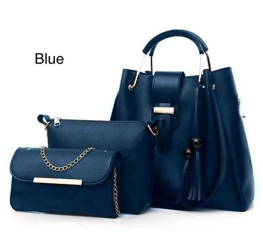 Blue Rexine Handbag Set 3-Piece Office School Wedding