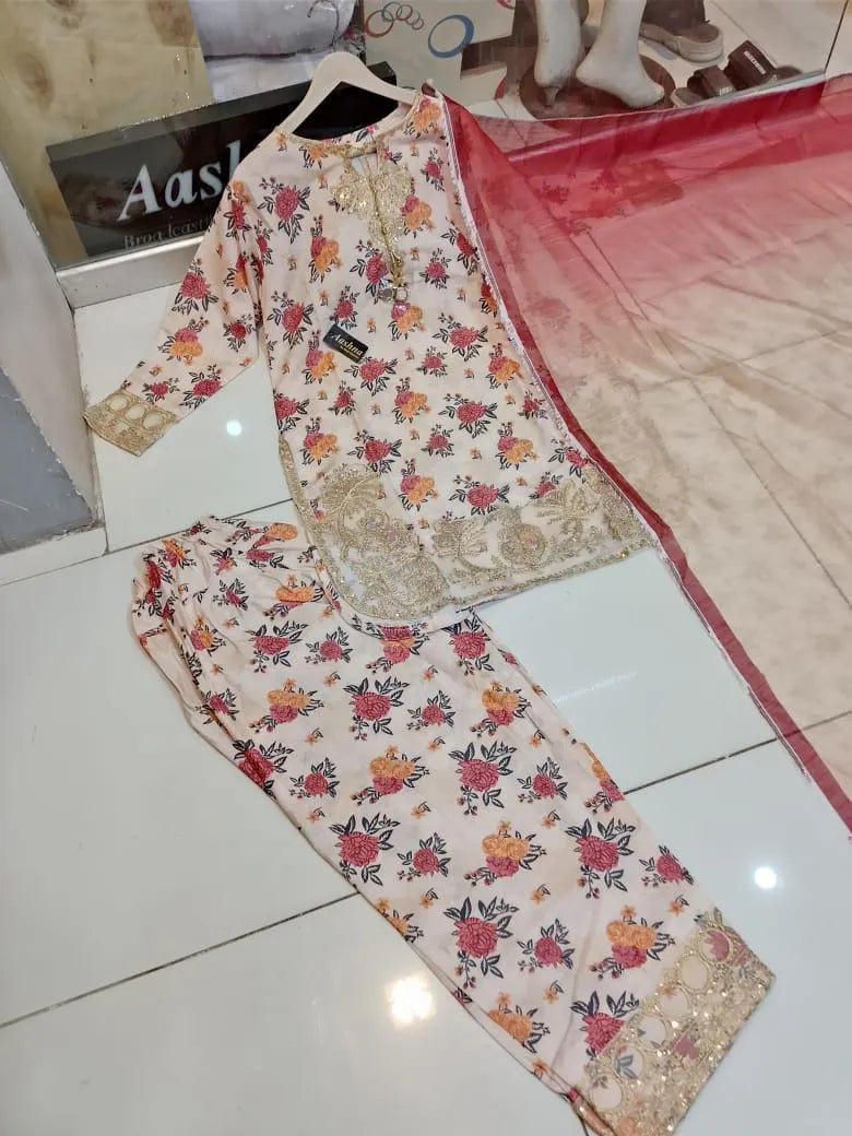 Eid 2026 3-Piece Printed Chiffon Suit Off-White Rust Floral
