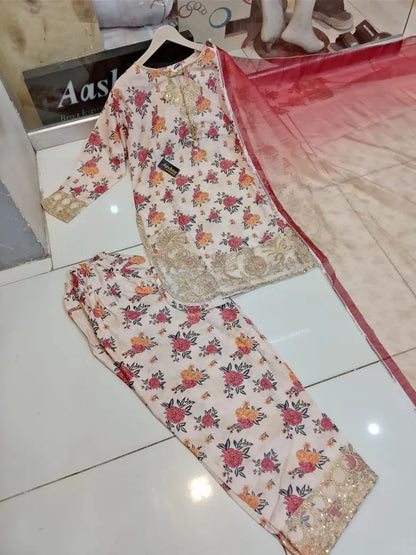 Eid 2026 3-Piece Printed Chiffon Suit Off-White Rust Floral