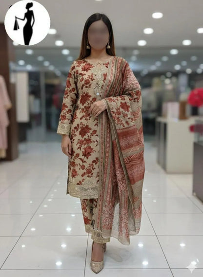Eid 2026 3-Piece Printed Chiffon Suit Off-White Rust Floral