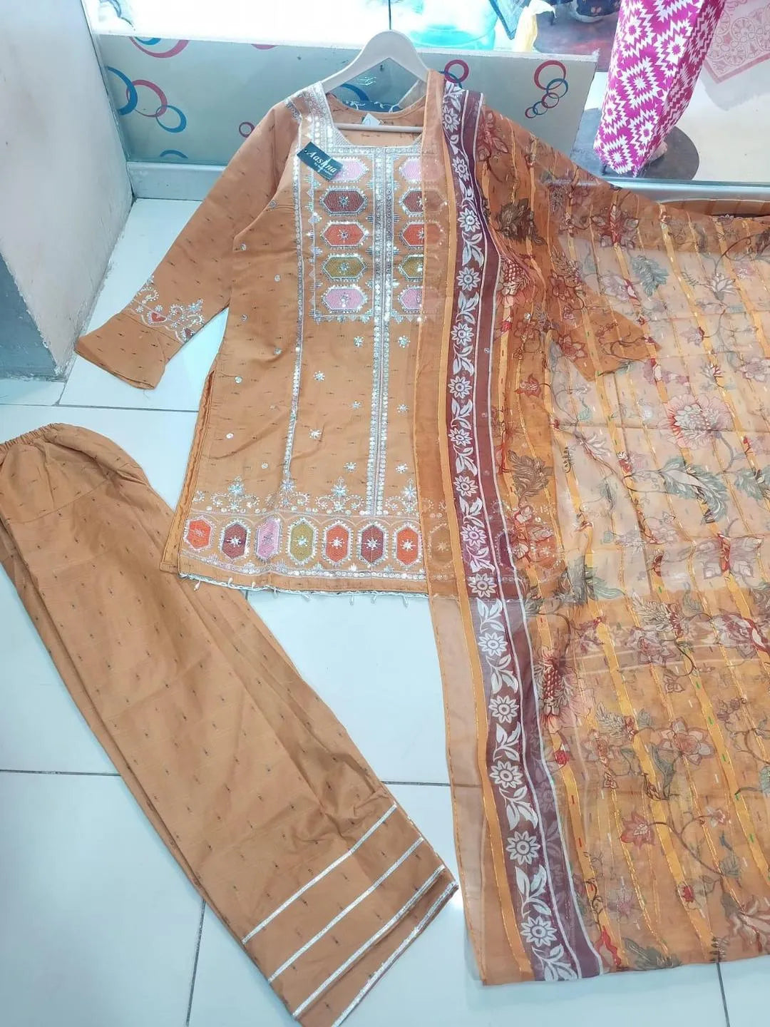 Elegant 3-Piece Eid Shirt with Embroidered Floral Dupatta
