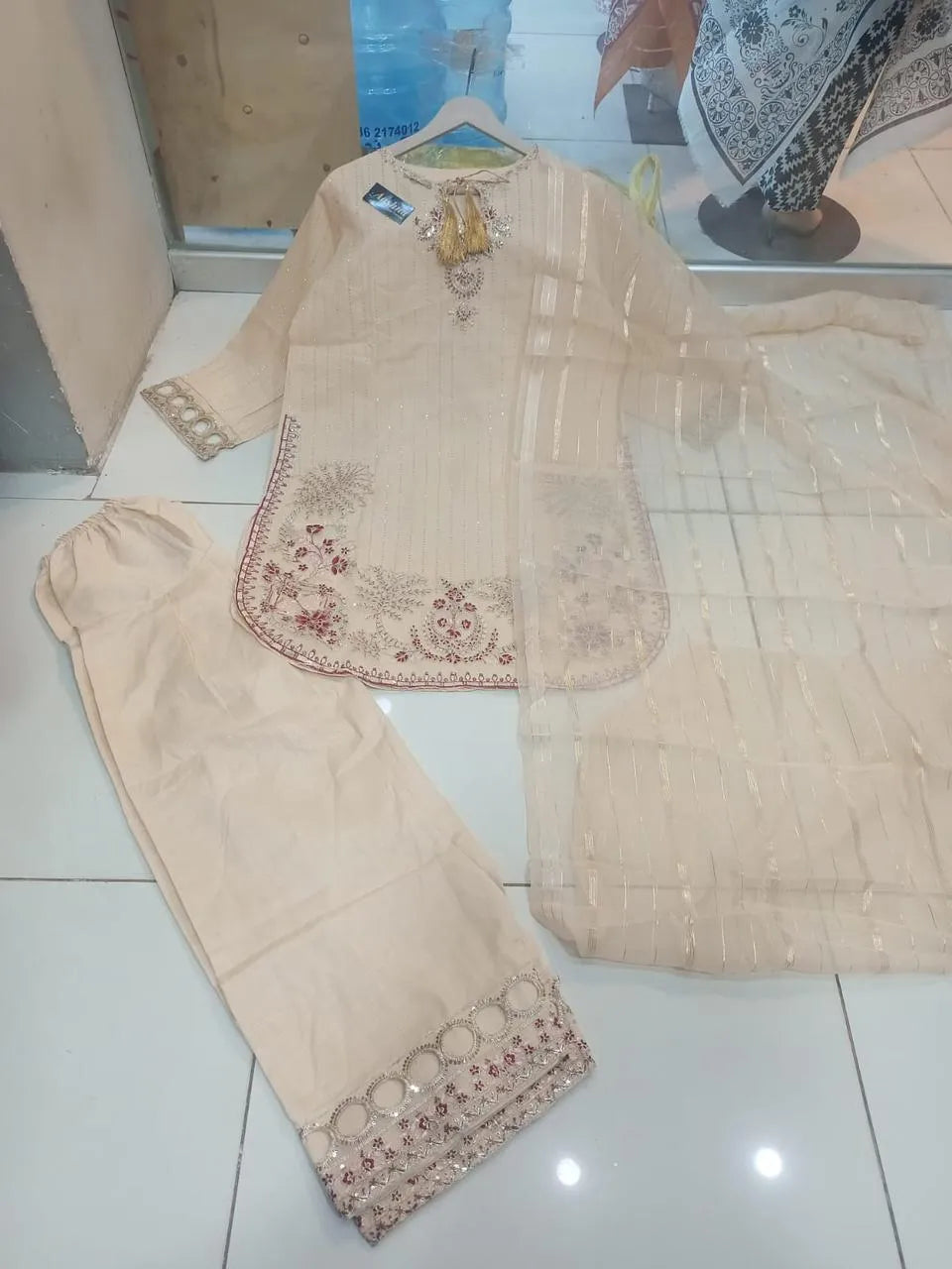 Pakistani Embroidered Cream Kurta Set with Shawl