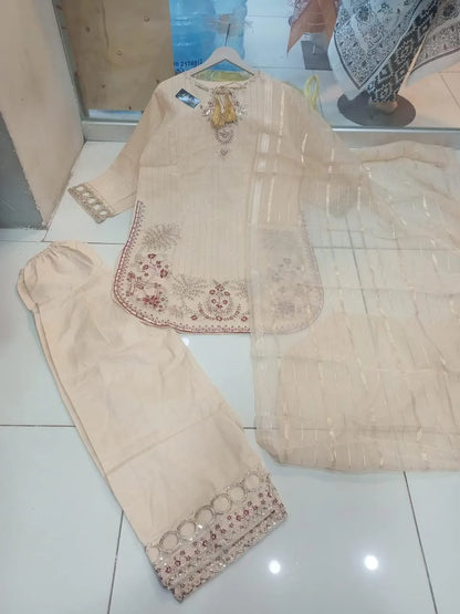 Pakistani Embroidered Cream Kurta Set with Shawl