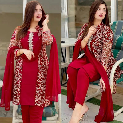 Red Embroidered 4Pc Silk Suit Set for Women