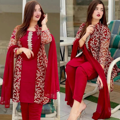 Red Embroidered 4Pc Silk Suit Set for Women