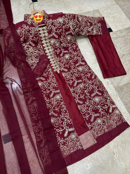 Red Embroidered 4Pc Silk Suit Set for Women