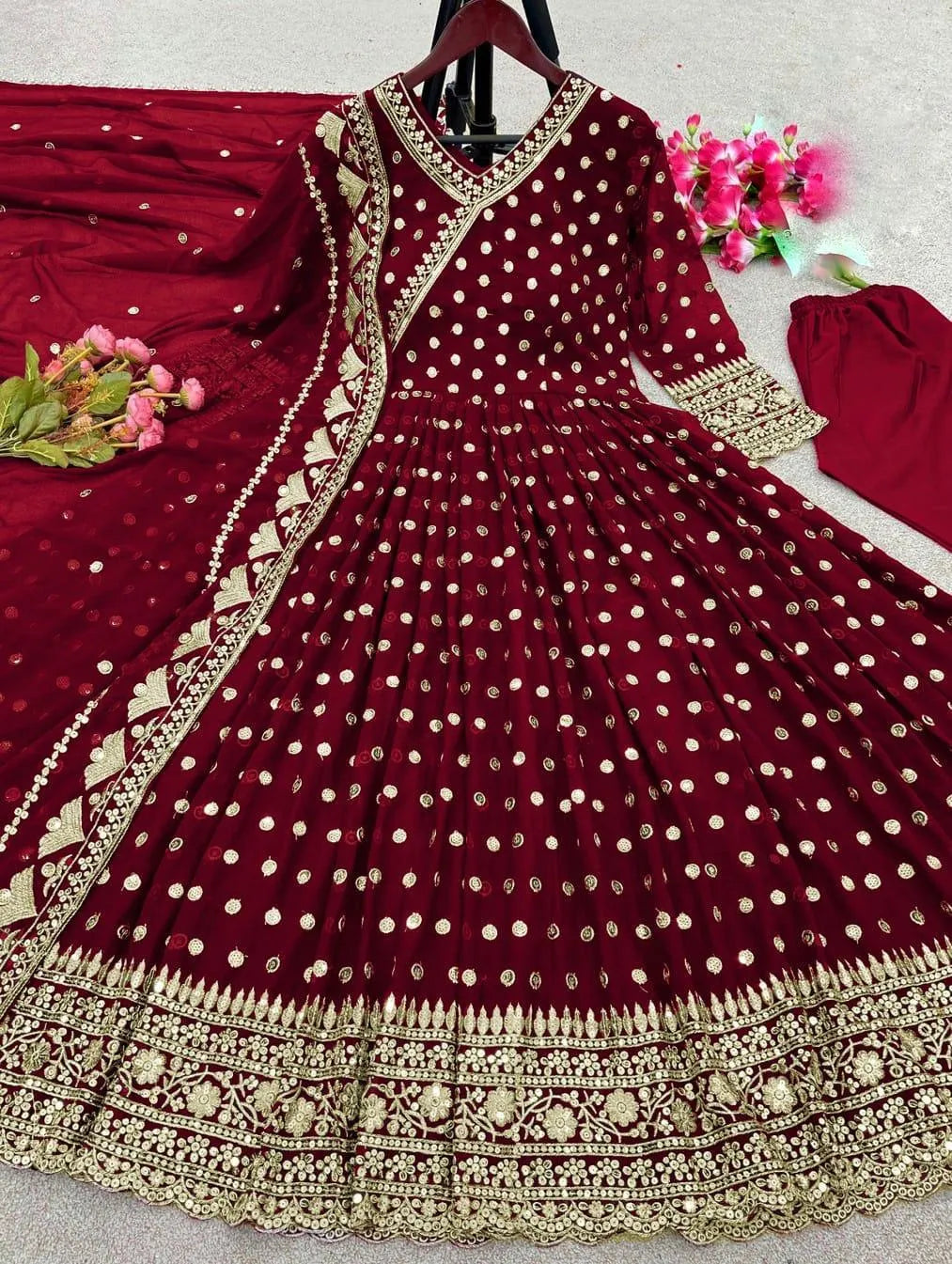 Maroon Angrakha Maxi Set with Embroidered Dupatta