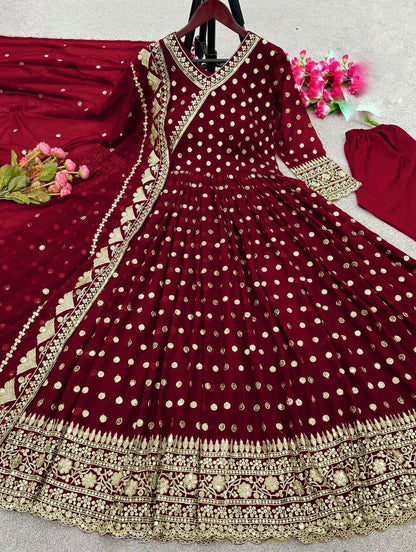 Maroon Angrakha Maxi Set with Embroidered Dupatta