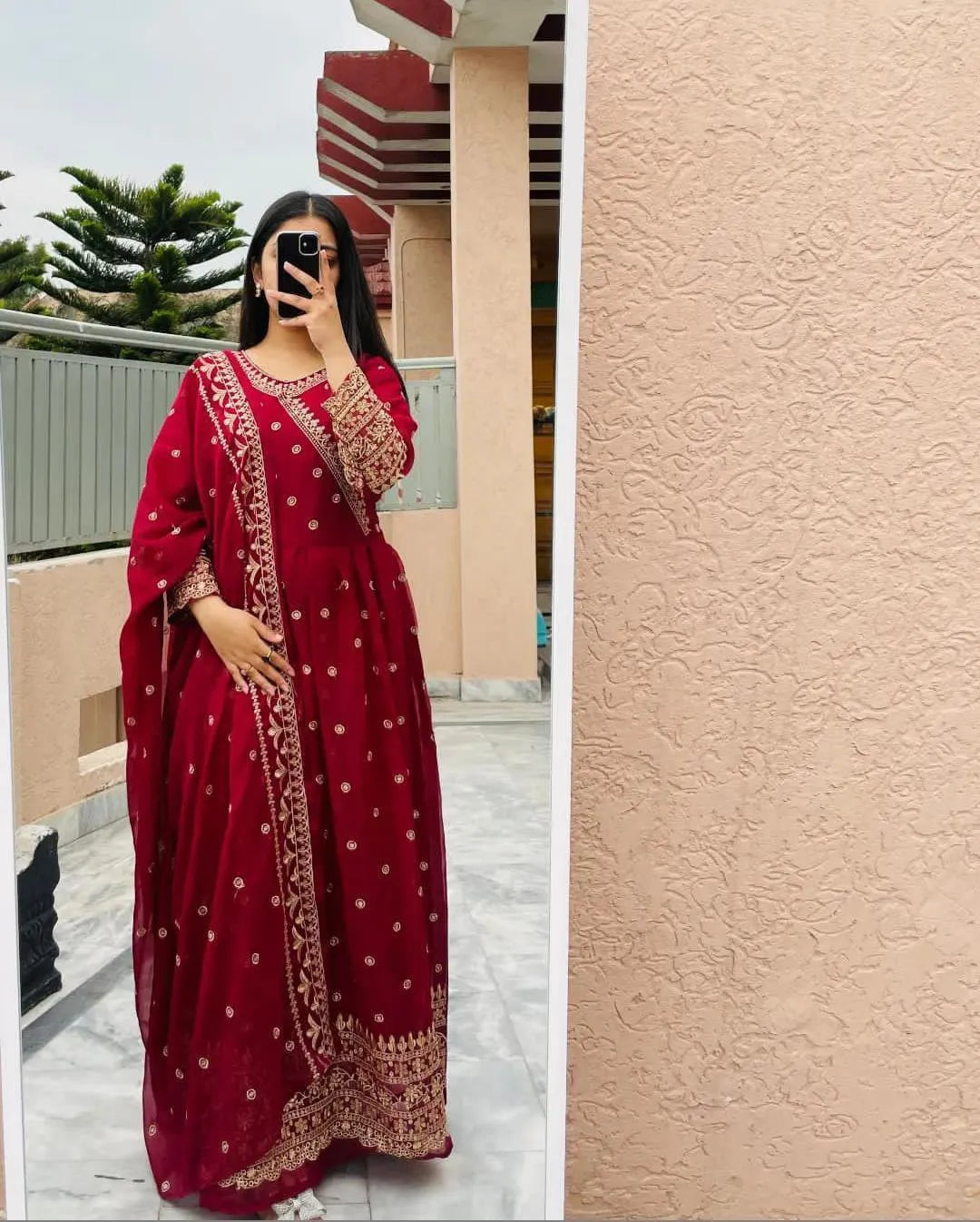 Maroon Angrakha Maxi Set with Embroidered Dupatta