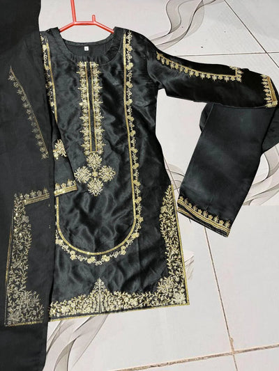 Black Shamoz Silk Embroidered Kurta Shalwar Set for Girls 5-10 Years