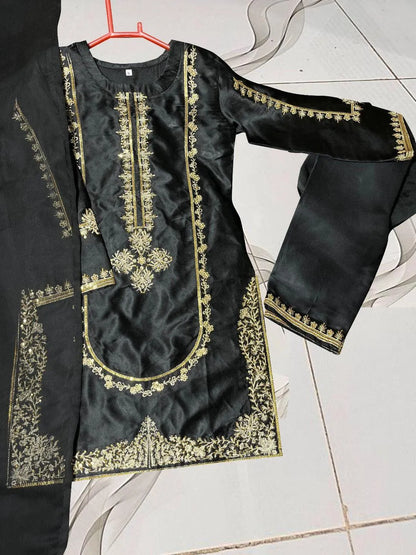 Black Shamoz Silk Embroidered Kurta Shalwar Set for Girls 5-10 Years