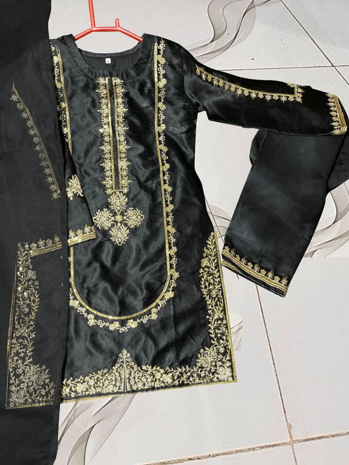 Black Shamoz Silk Embroidered Kurta Shalwar Set for Girls 5-10 Years