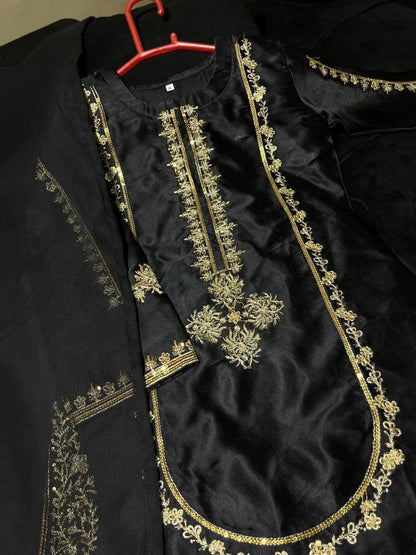 Black Shamoz Silk Embroidered Kurta Shalwar Set for Girls 5-10 Years
