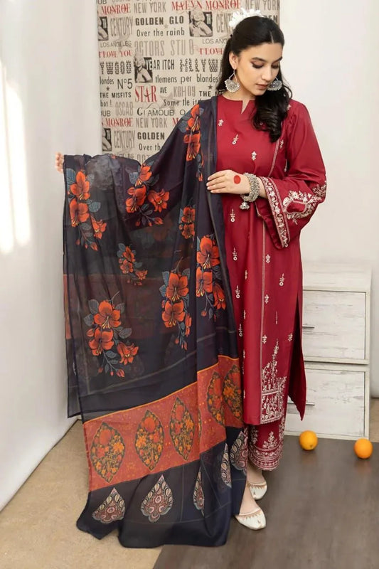 Pakistani Red Floral Embroidered Kurta Set with Scarf