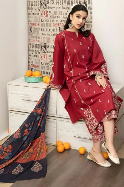 Pakistani Red Floral Embroidered Kurta Set with Scarf