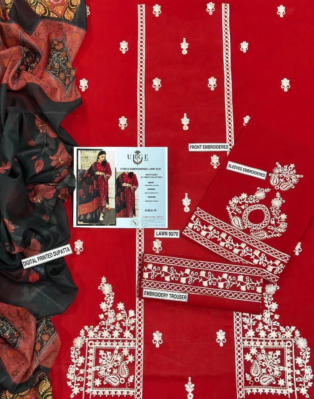 Pakistani Red Floral Embroidered Kurta Set with Scarf