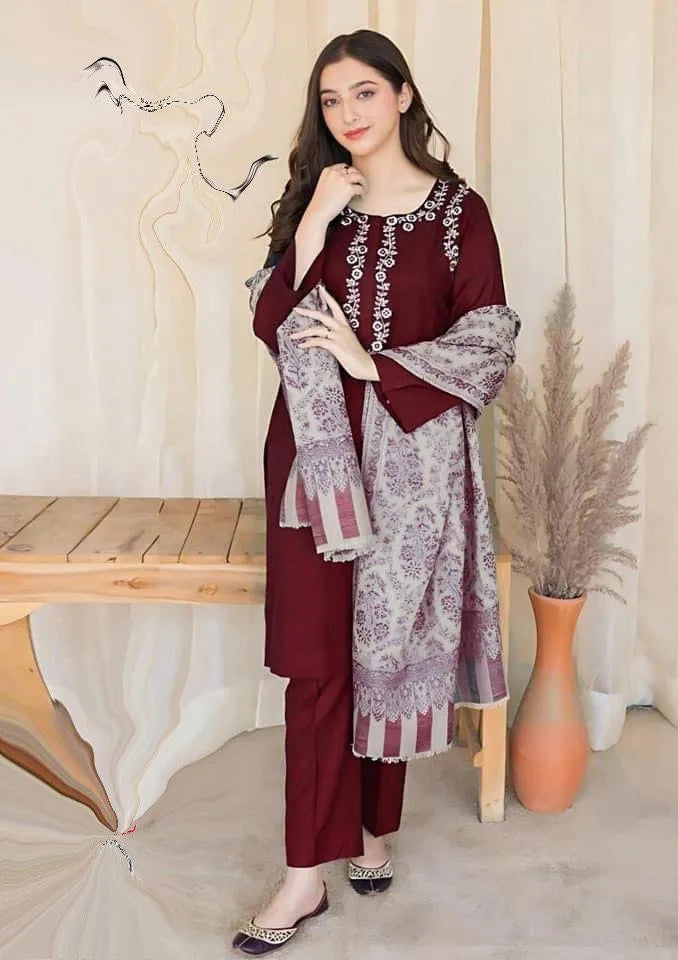 Women Embroidered Maroon Kurta with Floral Shawl