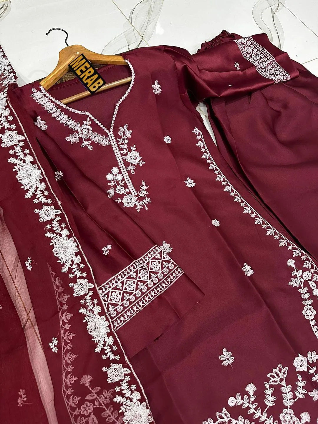 Red Embroidered Kurta Pajama Set for Women