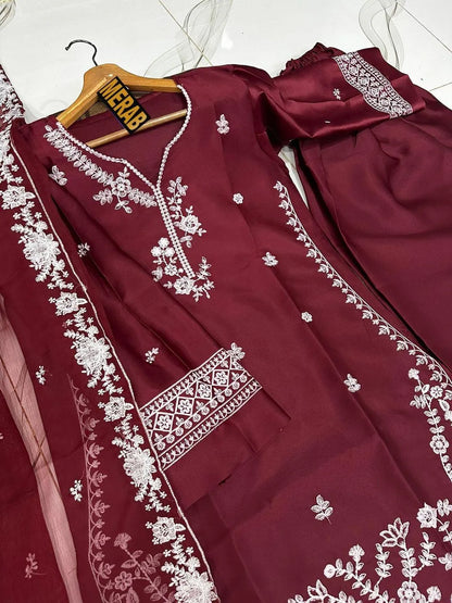Red Embroidered Kurta Pajama Set for Women