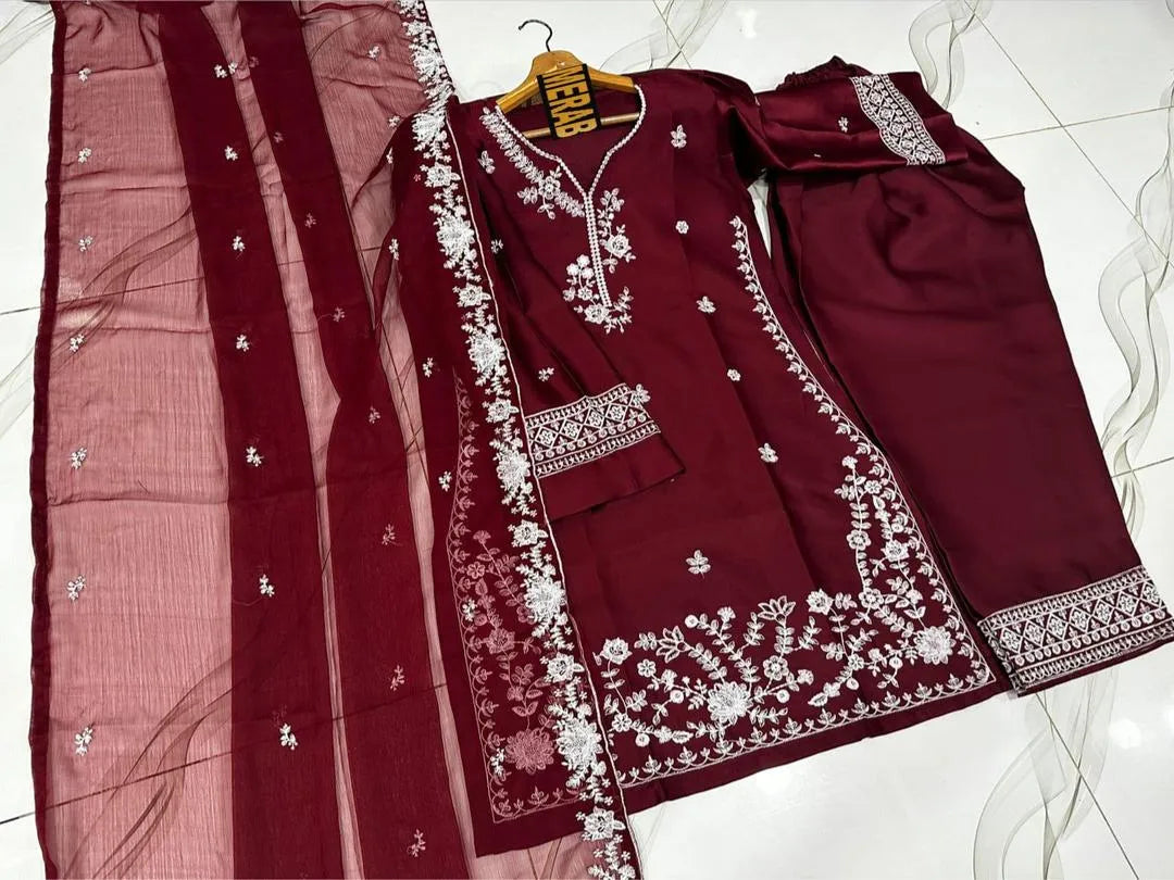 Red Embroidered Kurta Pajama Set for Women