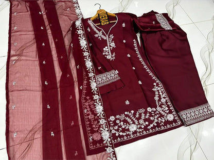 Red Embroidered Kurta Pajama Set for Women