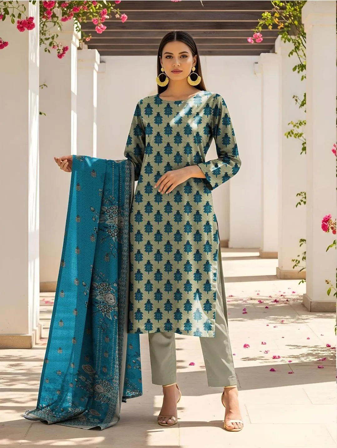 Teal Embroidered Pakistani Traditional 3-Piece Set