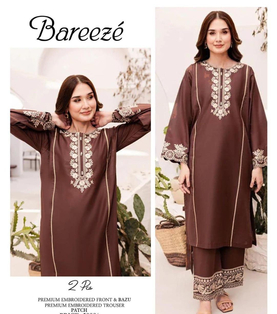 Premium Embroidered Lawn Suit Brown 2-Piece Set