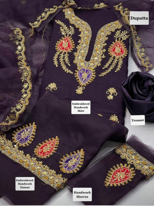 Unstitched Organza Suit Purple Gold Embroidery Wedding Party