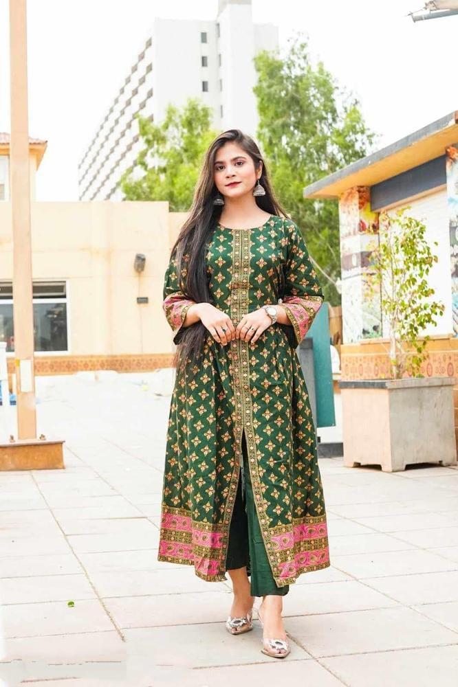 Green Katan Silk Maxi Gown with Golden Embroidery & Pink Accents